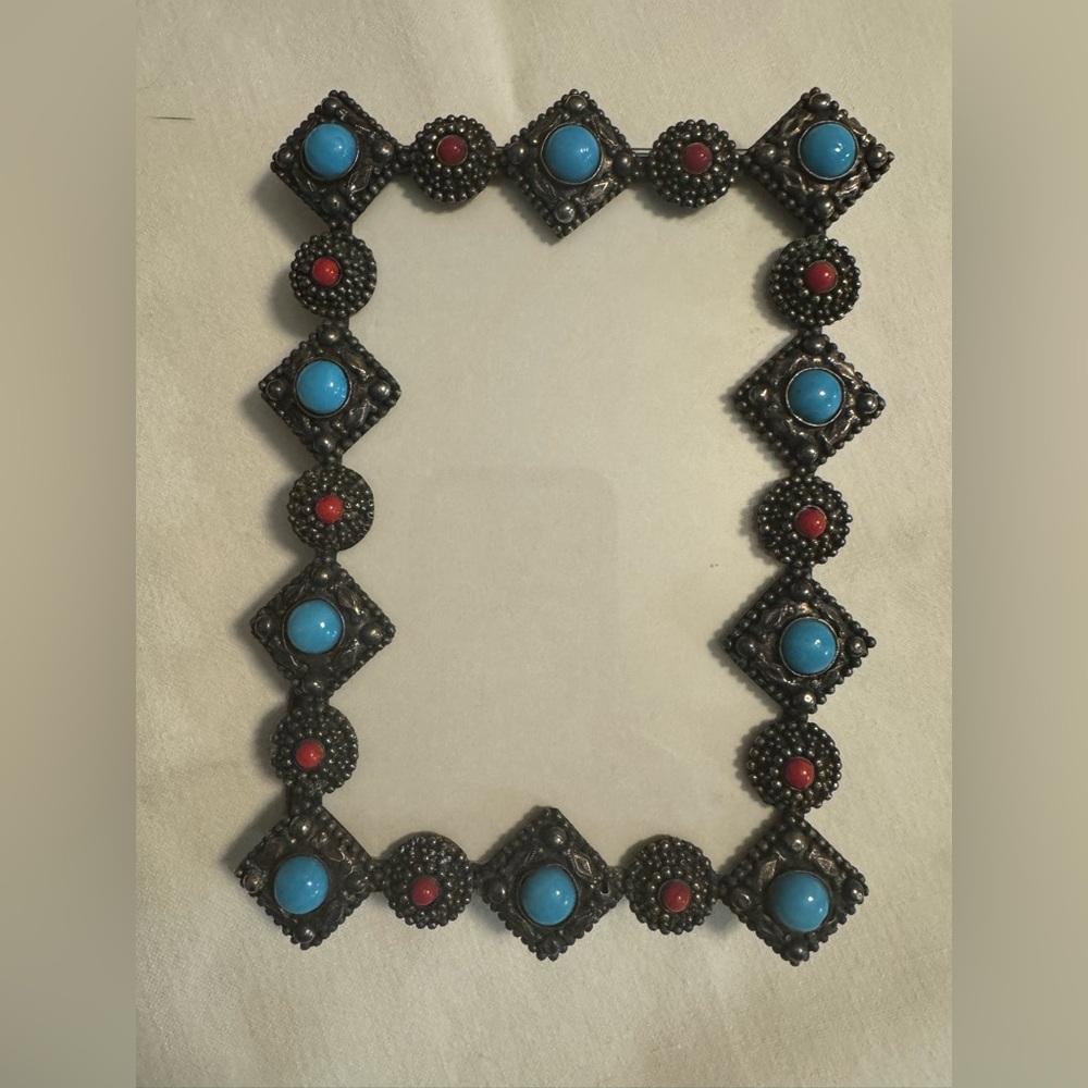 Vintage Mid Century Navajo Gemstone Turquoise Silver Metal Picture Frame 4X6